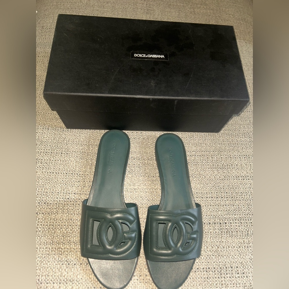 Dolce & Gabbana Forest Green Leather Slides